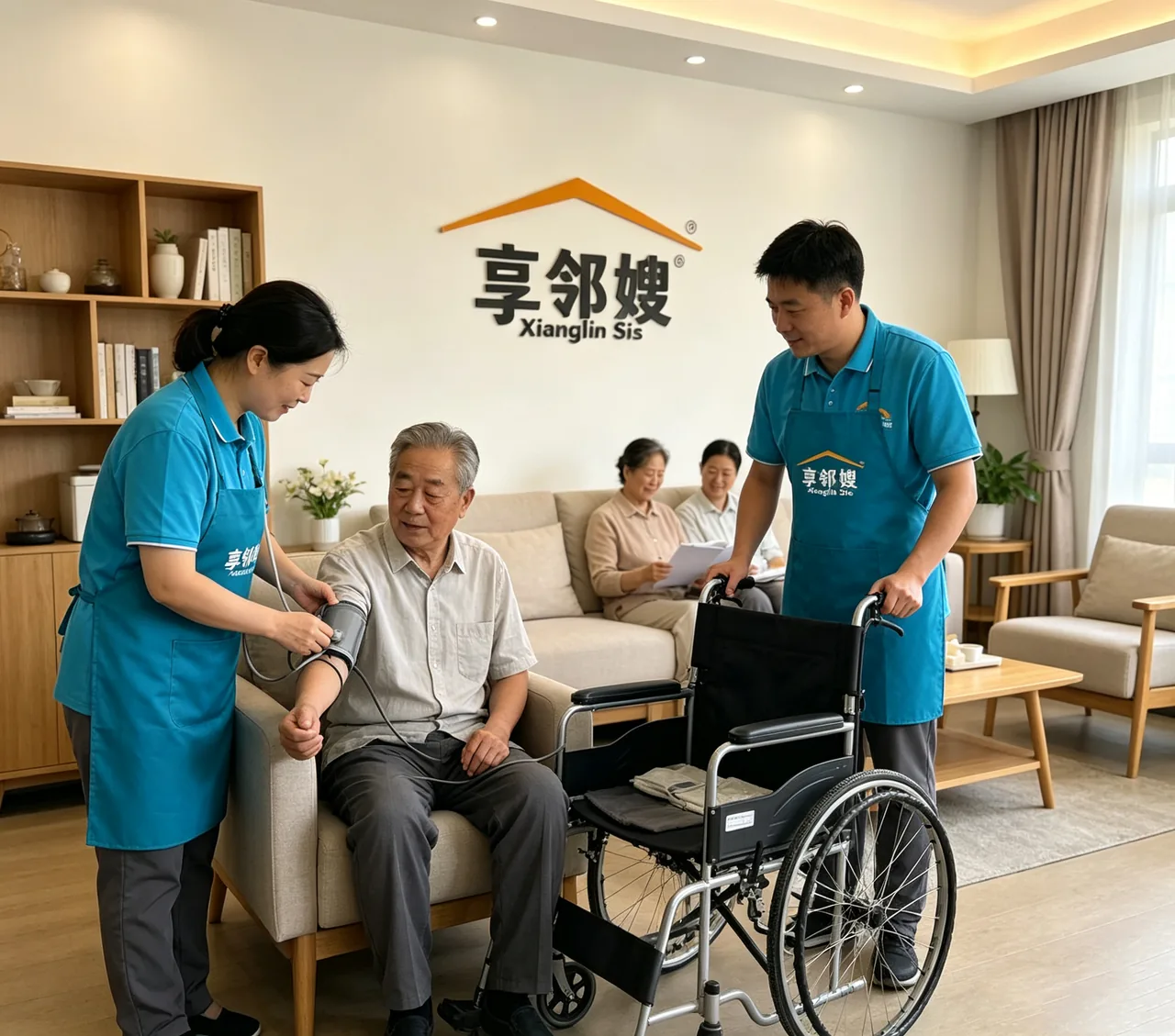 社区护理员与老人及家属一起查阅长期护理保险失能评估材料