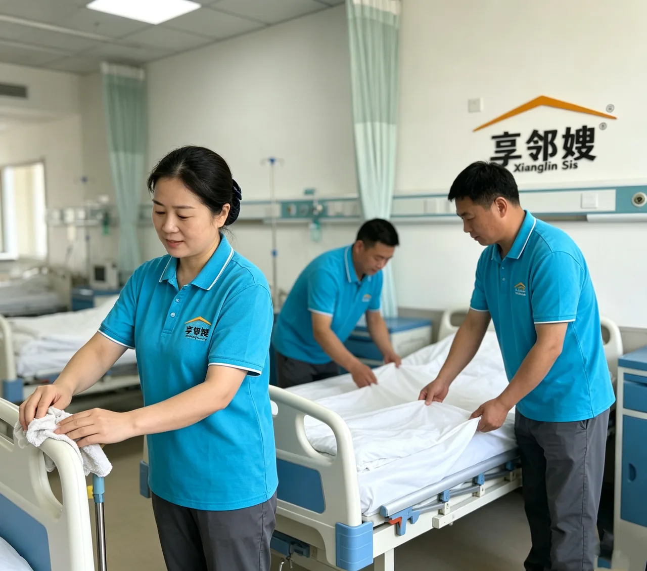 医院专业护工在病床旁协助住院老人调整姿势