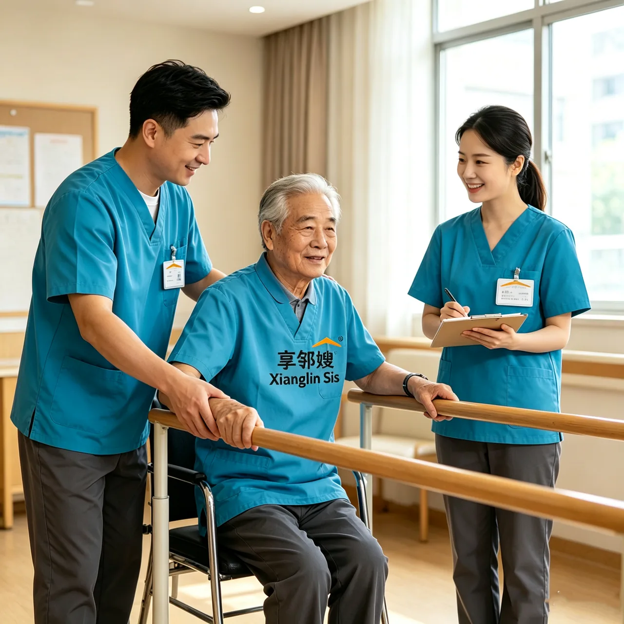 享邻嫂专业养老护理员在老人家中陪伴老人进行行走康复训练
